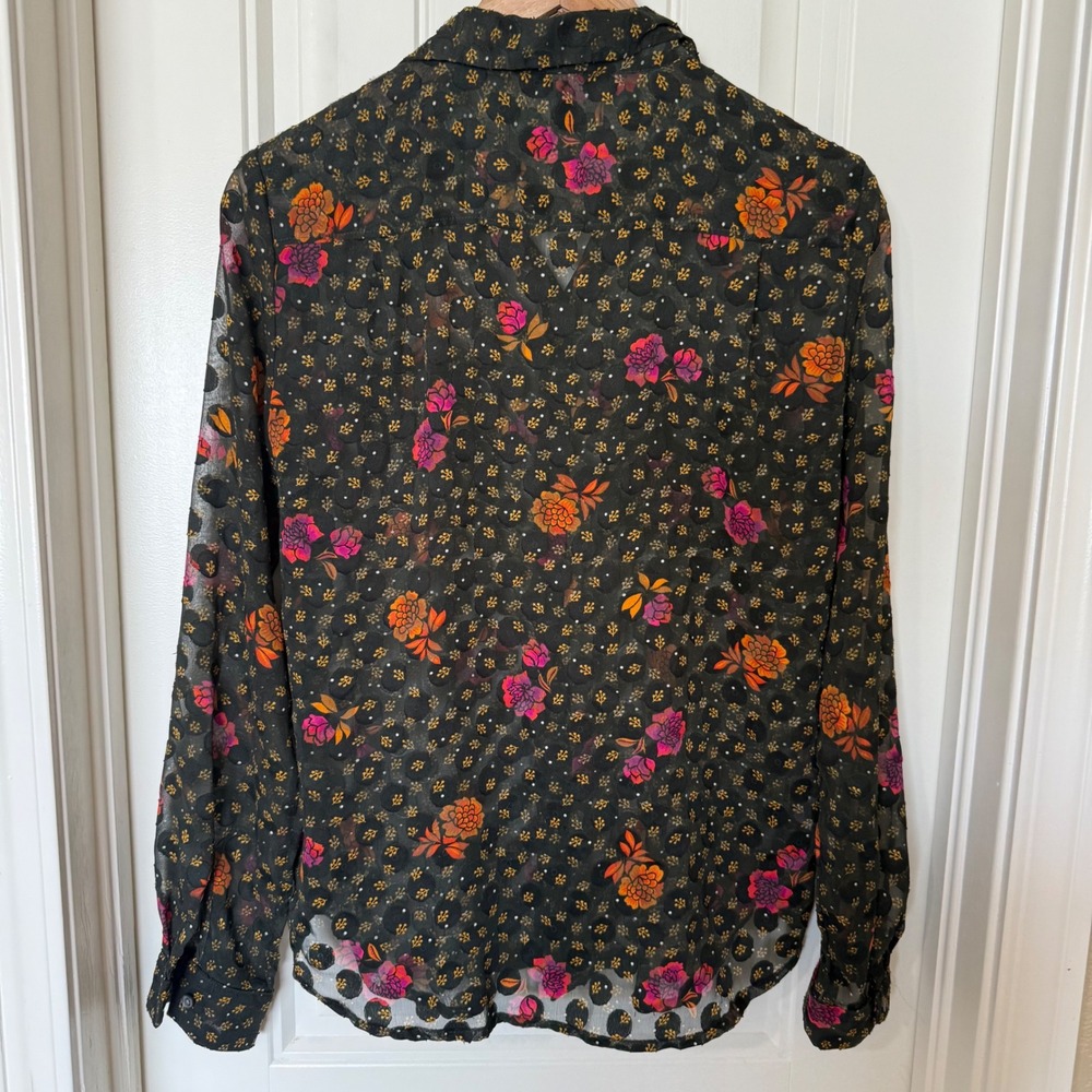 LOFT Floral Blouse Womens XS Black Orange Sheer Clip Dot Button Down Excellent - Picture 5 of 8